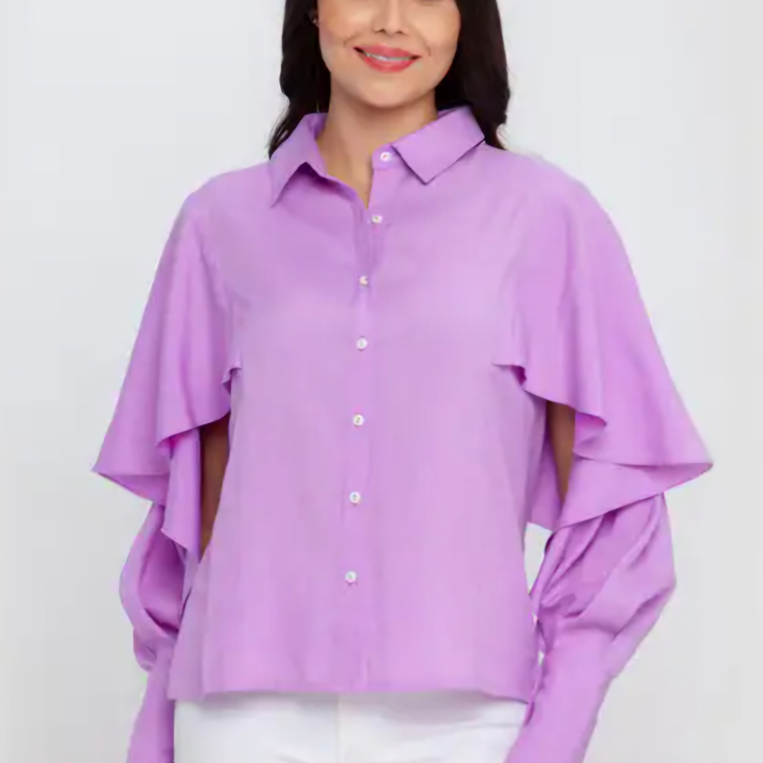 Zink Of London Size Medium. Chic Lilac Button-Up Blouse With Ruffle Sleeves